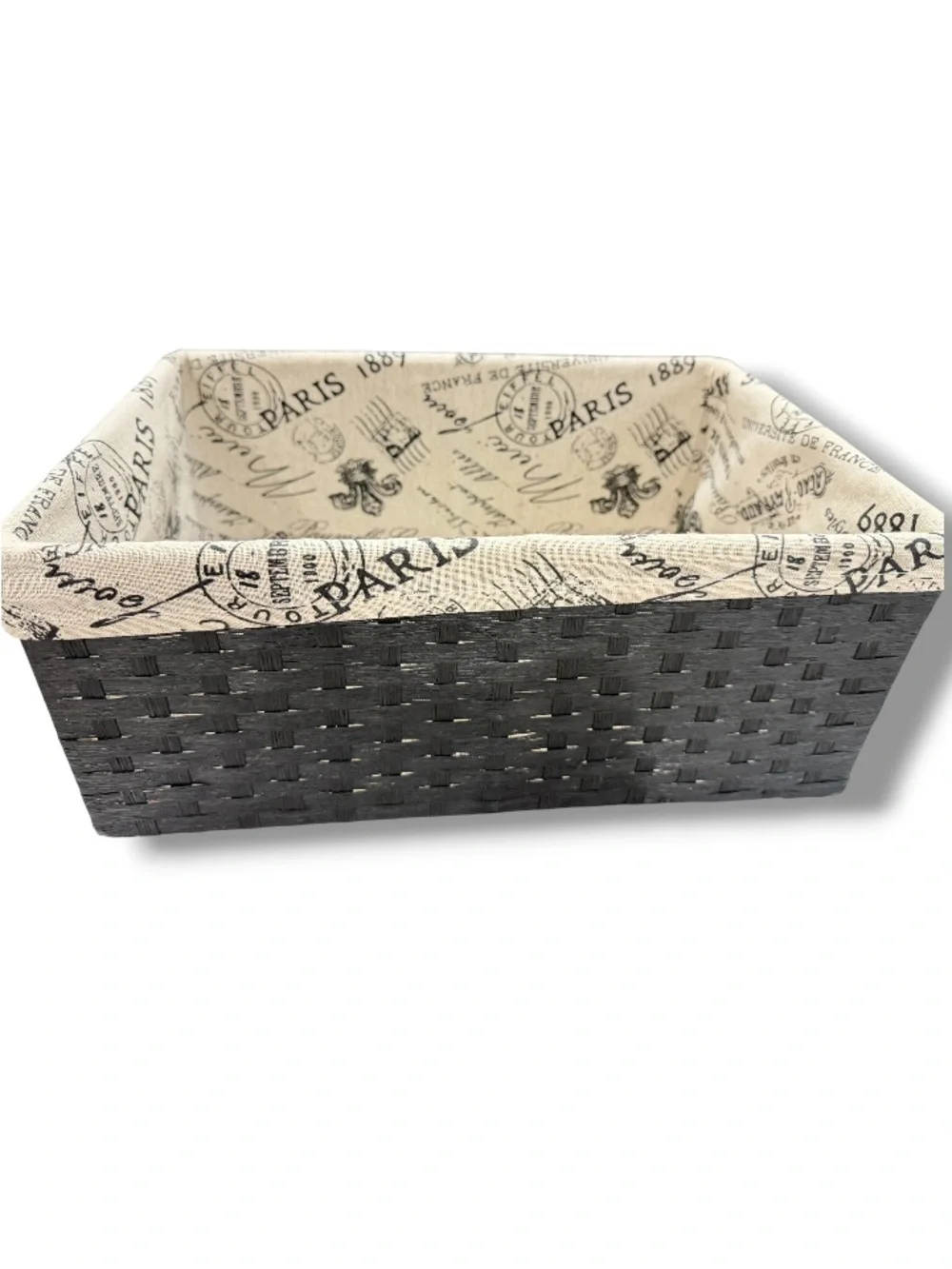 Vintage Paris Print Lined Woven Storage Black Wicker Home Basket Shabby Chic